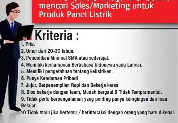 Dibutuhkan Bagian Sales/Marketing Produk Listrik